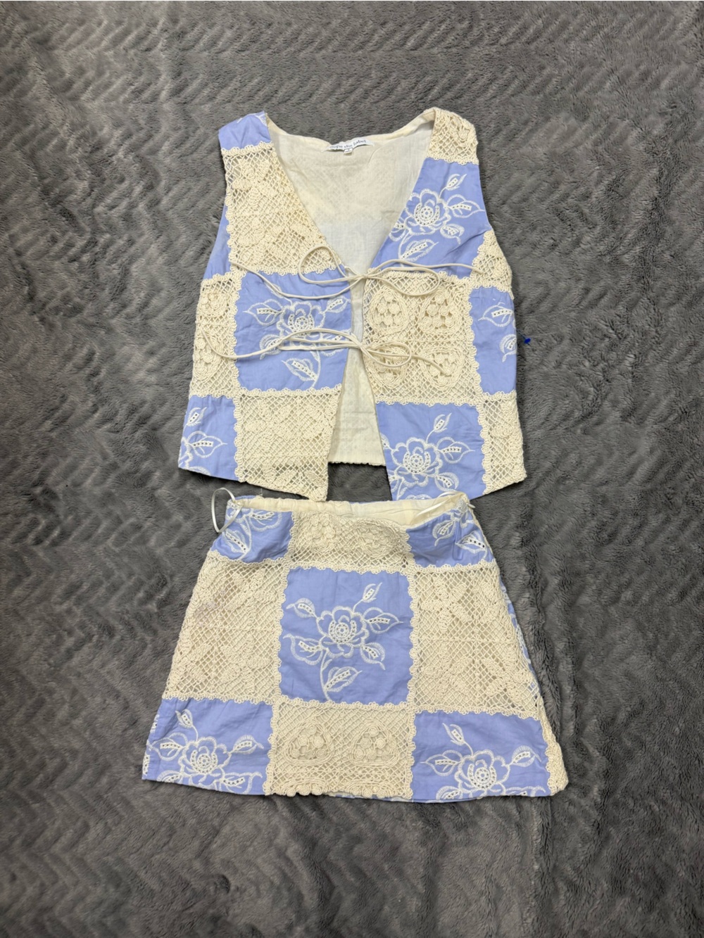 Sofia the label Boho Crochet Patchwork Vest s and xs Skirt Set - Cream & Blue